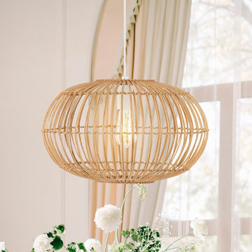 Leo 17.5" Farmhouse Coastal Rattan 180" Cord Plug-In or Hardwired LED Pendant - JONATHAN Y